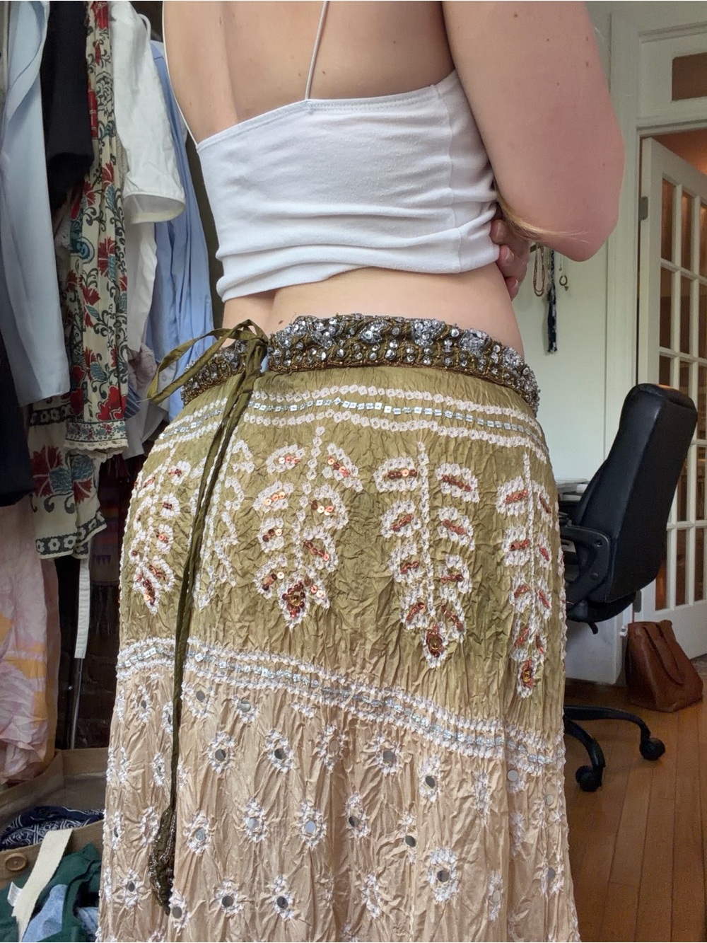 Saks Fifth Avenue Olive and Blush Embellished Boho Maxi Skirt - Picture 2 of 4